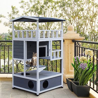 Feral Cat House, Kitten Condo Shelter W/ Raised Base & Asphalt Roof, Grey