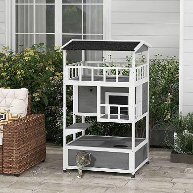 PawHut Feral Cat House Outdoor Kitten Condo Shelter with Raised Floor Asphalt Roof Escape Door Jumping Platform Grey