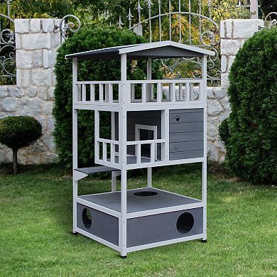 PawHut Feral Cat House Outdoor Kitten Condo Shelter with Raised Floor Asphalt Roof Escape Door Jumping Platform Grey