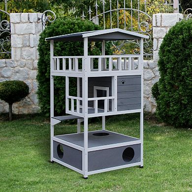 Feral Cat House, Kitten Condo Shelter W/ Raised Base & Asphalt Roof, Grey