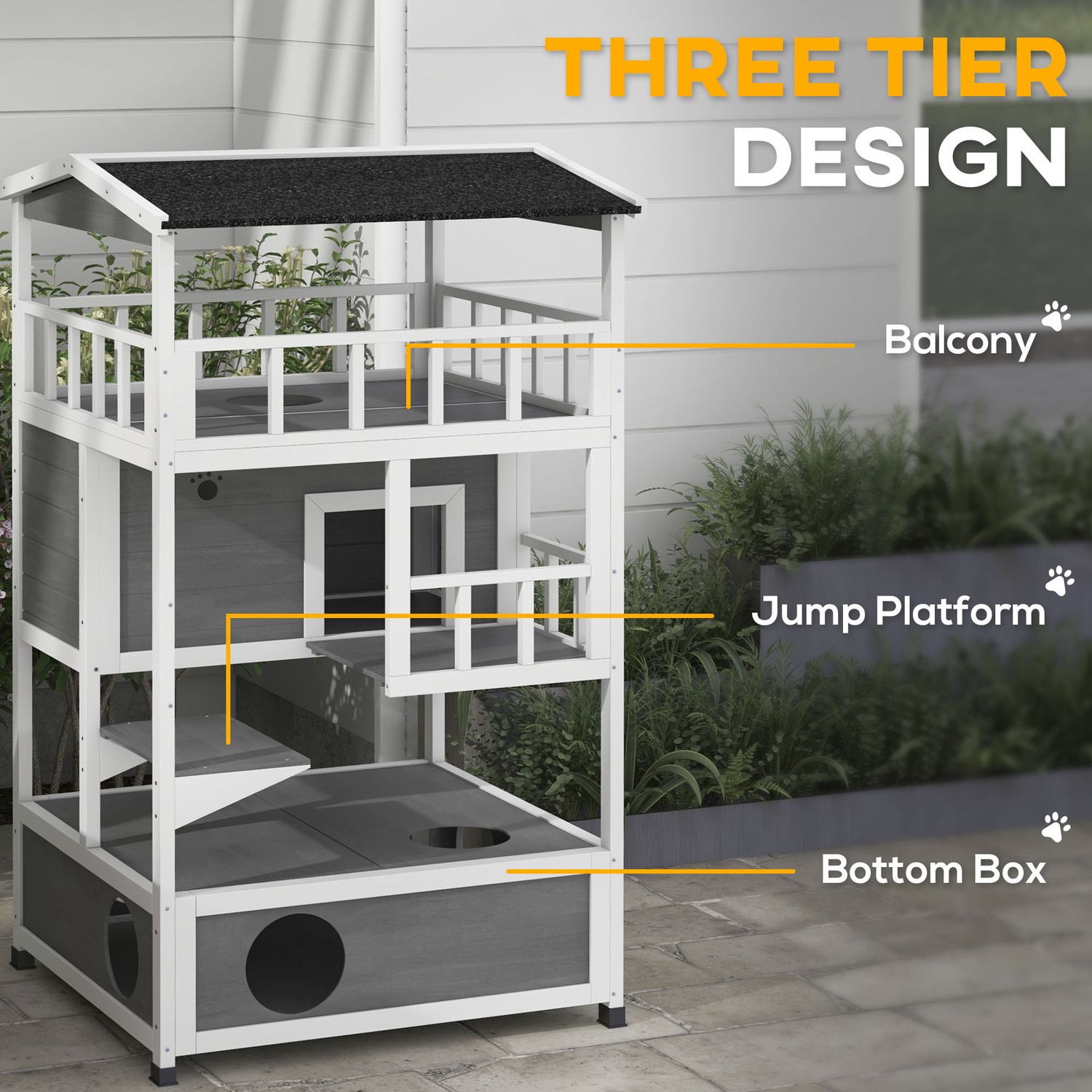 PawHut Outdoor Feral Cat House With Openable Asphalt Roof - Grey Wood Shelter