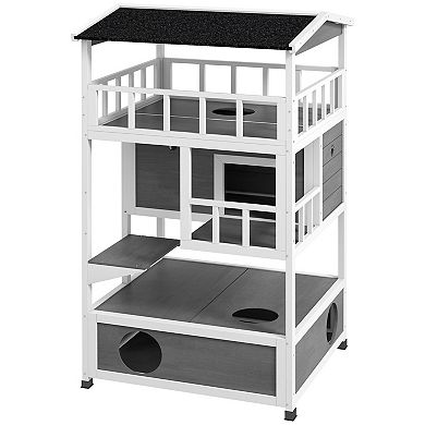 PawHut Feral Cat House Outdoor Kitten Condo Shelter with Raised Floor Asphalt Roof Escape Door Jumping Platform Grey