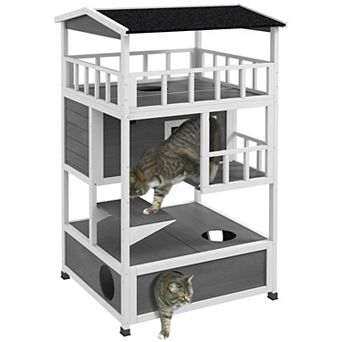 Feral Cat House, Kitten Condo Shelter W/ Raised Base & Asphalt Roof, Grey