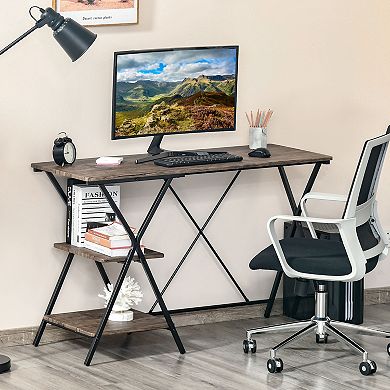Computer Desk With Shelves, Wood Grain Writing Desk With 2-tier Storage Shelves