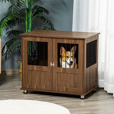 Wooden Dog Crate With Surface, Stylish Pet Kennel, Magnetic Doors, Brown