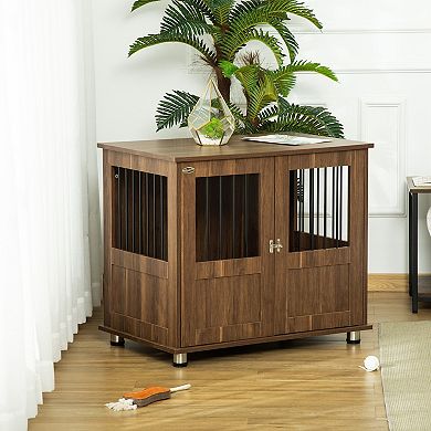 Wooden Dog Crate With Surface, Stylish Pet Kennel, Magnetic Doors, Brown