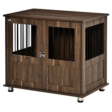 Wooden Dog Crate With Surface, Stylish Pet Kennel, Magnetic Doors, Brown