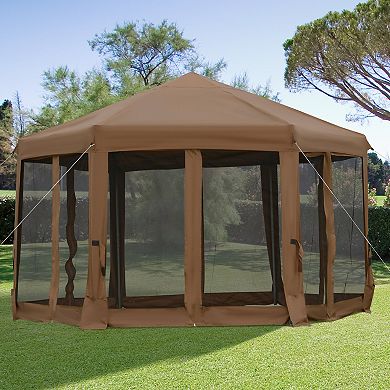 Outsunny 13' x 13' Heavy Duty Pop Up Canopy with Hexagonal Shape 6 Mesh Sidewall Netting 3 Level Adjustable Height and Strong Steel Frame Brown
