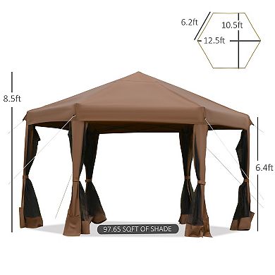 Outsunny 13' x 13' Heavy Duty Pop Up Canopy with Hexagonal Shape 6 Mesh Sidewall Netting 3 Level Adjustable Height and Strong Steel Frame Brown