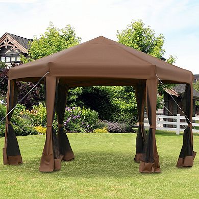 Outsunny 13' x 13' Heavy Duty Pop Up Canopy with Hexagonal Shape 6 Mesh Sidewall Netting 3 Level Adjustable Height and Strong Steel Frame Brown