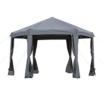 Outsunny 13' x 13' Heavy Duty Pop Up Canopy with Hexagonal Shape 6 Mesh Sidewall Netting 3 Level Adjustable Height and Strong Steel Frame Brown
