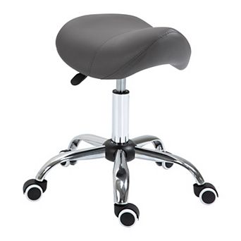 HOMCOM Ergonomic Rolling Saddle Stool PU Leather Hydraulic Spa Stool Height Adjustable Swivel Drafting Medical Salon Chair Grey
