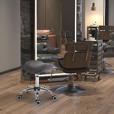HOMCOM Ergonomic Rolling Saddle Stool PU Leather Hydraulic Spa Stool Height Adjustable Swivel Drafting Medical Salon Chair Grey