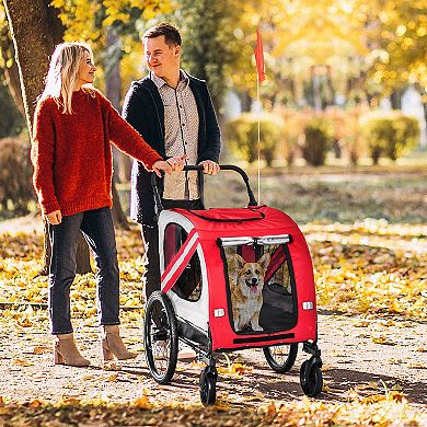 Aosom Dog Bike Trailer 2 in 1 Pet Stroller Cart Bicycle Wagon Cargo Carrier Attachment for Travel with 4 Wheels Reflectors Flag Red