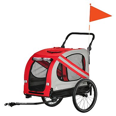 Aosom Dog Bike Trailer 2 in 1 Pet Stroller Cart Bicycle Wagon Cargo Carrier Attachment for Travel with 4 Wheels Reflectors Flag Red