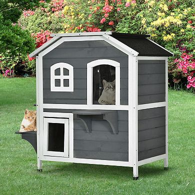 PawHut Fir Wood 2 Story Outdoor Cat House Wooden Feral Cat Shelter with Openable Asphalt Roof for Indoor/Outdoor Grey