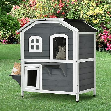 Wooden 2-story Indoor Or Outdoor Cat House W/ Escape Door, Cat Shelter, Natural