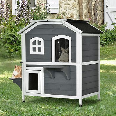 Wooden 2-story Indoor Or Outdoor Cat House W/ Escape Door, Cat Shelter, Natural