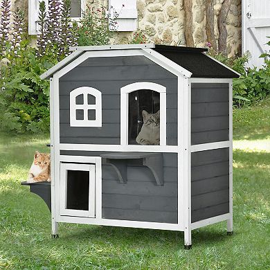 PawHut Fir Wood 2 Story Outdoor Cat House Wooden Feral Cat Shelter with Openable Asphalt Roof for Indoor/Outdoor Grey