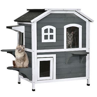PawHut Fir Wood 2 Story Outdoor Cat House Wooden Feral Cat Shelter with Openable Asphalt Roof for Indoor/Outdoor Grey