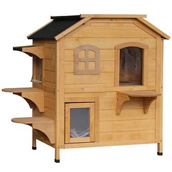 Wooden 2-story Indoor Or Outdoor Cat House W/ Escape Door, Cat Shelter, Natural