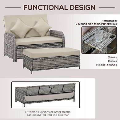 2 Pcs Patio Wicker Loveseat Sofa Set Daybed Furniture W/ Storage Ottoman, Khaki