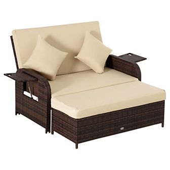 2 pc Patio Wicker Loveseat Sofa Set Daybed Furniture W/ Storage Ottoman, Khaki