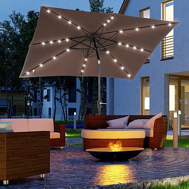 9' X 7' Backyard Deck Parasol W/ Lights, Charging Battery, & 45° Tilt, Red