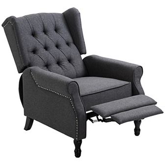 Manual Reclining Chair Vintage Tufted Back Fabric Lounger W/ Footrest, Armrest
