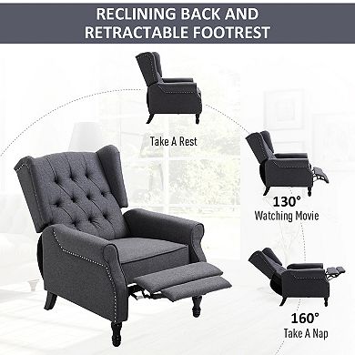 Manual Reclining Chair Vintage Tufted Back Fabric Lounger W/ Footrest, Armrest