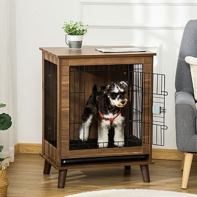 Wooden Dog Crate End Table Pet Cage Kennel, Removable Tray, Lockable Door, Brown