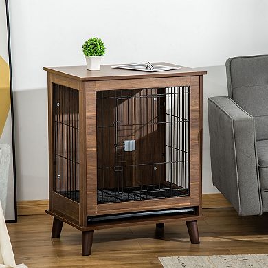 Wooden Dog Crate End Table Pet Cage Kennel, Removable Tray, Lockable Door, Brown