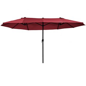 15' Outdoor Patio Umbrella Twin Canopy Sunshade Market Shade W/ Crank Beige