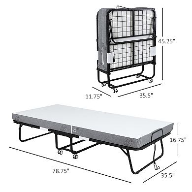 HOMCOM Folding Bed with 4 Inch Mattress Portable Foldable Guest Bed with Sturdy Metal Frame on Wheels
