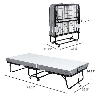 Portable Folding Guest Bed 4" Mattress W/ Metal Frame & Locking Wheels, White