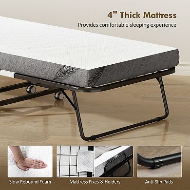 HOMCOM Folding Bed with 4inch Mattress, Portable Foldable Guest Bed with Wheels