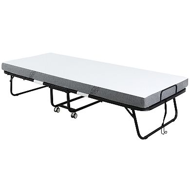 HOMCOM Folding Bed with 4 Inch Mattress Portable Foldable Guest Bed with Sturdy Metal Frame on Wheels