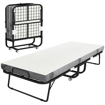 HOMCOM Folding Bed with 4inch Mattress, Portable Foldable Guest Bed with Wheels