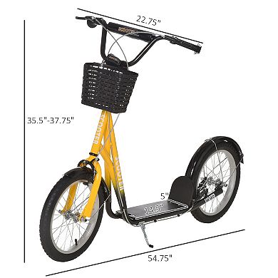 Aosom Youth Scooter Kick Scooter with Adjustable Handlebars Double Brakes 16" Inflatable Rubber Tires Basket Cupholder Mudguard Ages 5 12 years old Orange