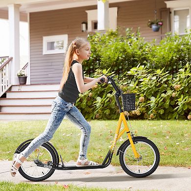 Aosom Youth Scooter Kick Scooter with Adjustable Handlebars Double Brakes 16" Inflatable Rubber Tires Basket Cupholder Mudguard Ages 5 12 years old Orange