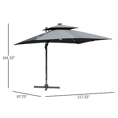 Outsunny 10ft Solar LED Cantilever Umbrella, Offset Hanging Umbrella with 360°Rotation, Cross Base, 8 Ribs, Tilt and Crank for Yard, Garden and Poolside, Grey