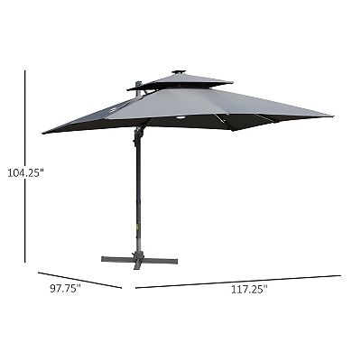 Outsunny 10ft Solar LED Cantilever Umbrella Offset Hanging Umbrella with 360 degreeRotation Cross Base 8 Ribs Tilt and Crank for Yard Garden and Poolside Grey