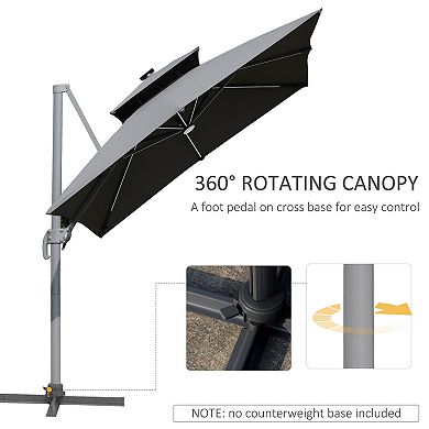 Outsunny 10ft Solar LED Cantilever Umbrella Offset Hanging Umbrella with 360 degreeRotation Cross Base 8 Ribs Tilt and Crank for Yard Garden and Poolside Grey