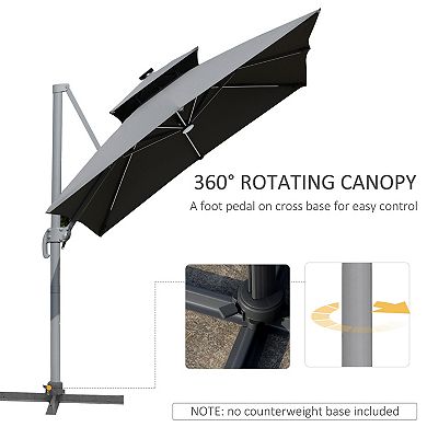 Outsunny 10ft Solar LED Cantilever Umbrella, Offset Hanging Umbrella with 360°Rotation, Cross Base, 8 Ribs, Tilt and Crank for Yard, Garden and Poolside, Grey