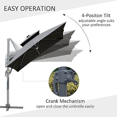 Outsunny 10ft Solar LED Cantilever Umbrella Offset Hanging Umbrella with 360 degreeRotation Cross Base 8 Ribs Tilt and Crank for Yard Garden and Poolside Grey