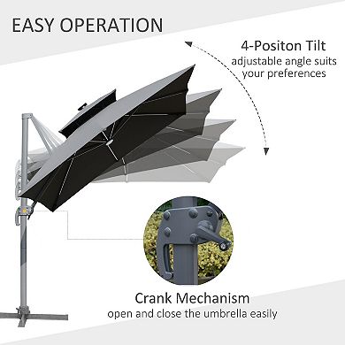 Outsunny 10ft Solar LED Cantilever Umbrella, Offset Hanging Umbrella with 360°Rotation, Cross Base, 8 Ribs, Tilt and Crank for Yard, Garden and Poolside, Grey