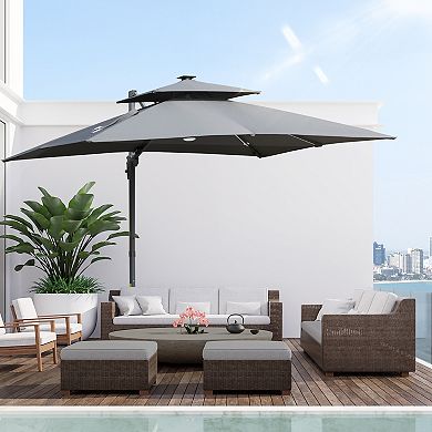 Outsunny 10ft Solar LED Cantilever Umbrella, Offset Hanging Umbrella with 360°Rotation, Cross Base, 8 Ribs, Tilt and Crank for Yard, Garden and Poolside, Grey