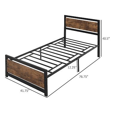 HOMCOM Single Platform Bed Frame with Headboard and Footboard Strong Metal Slat Support Solid Bedstead Base w/ Underbed Storage Space No Box Spring Needed 41'' x 76'' x 40''