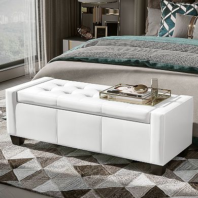 HOMCOM 51" Faux Leather Rectangular Tufted Storage Ottoman for Living Room Entryway Bedroom Cream White