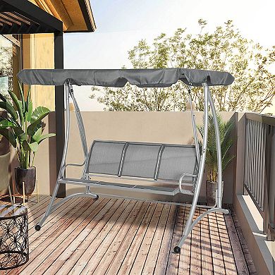 Three Person Steel Outdoor Porch Swing Chair Bench With Canopy Cover, Black